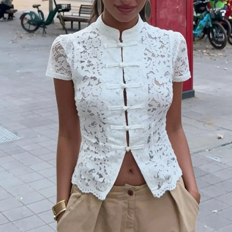 Floral Lace Front Hollow Out Split Mandarin Collar Tank Top for Women
