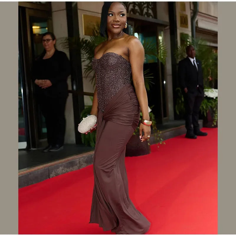 Solid Sexy Strapless Sequin Patchwork Dress Women Sleeveless Backless Cinched-waist Pleated Maxi Dresses Lady Party Evening Gown