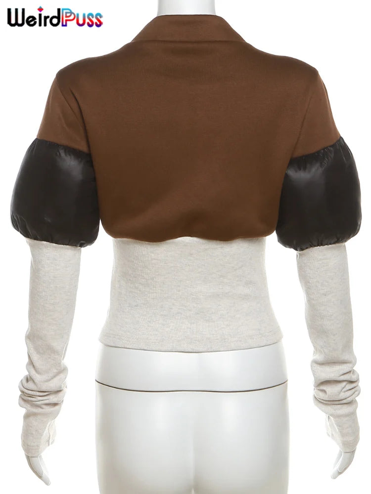 Casual Patchwork Zip Up Long Sleeve Jacket for Women