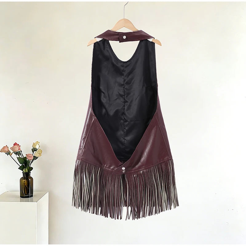 Faux Leather Patchwork Fringe Halter Top for Women