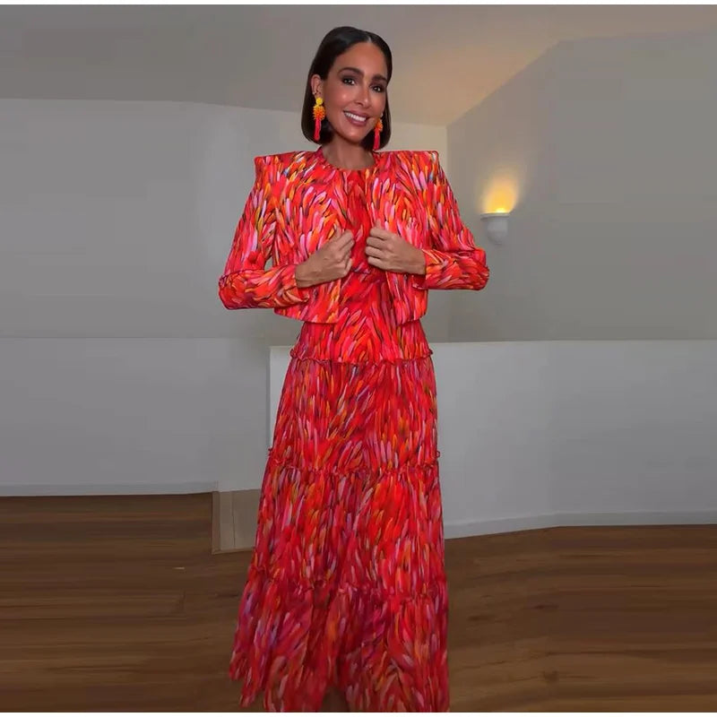 Printed Halter Neck Maxi Dress and Cropped Jacket Set for Women