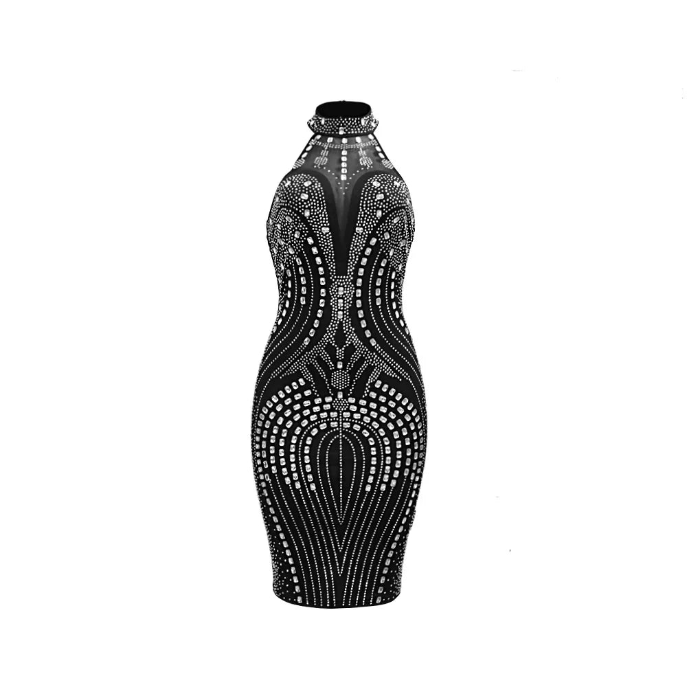 Rhinestone Embellished Sleeveless Bodycon Midi Dress for Women