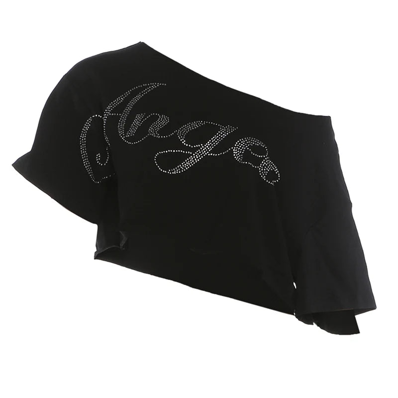 Rhinestone Letter Off Shoulder Cropped Tee for Women