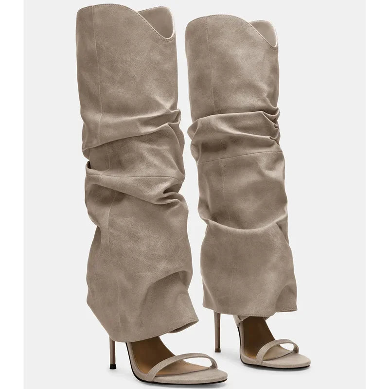 Pointed Toe Knee High Thin Heel Leather Boots for Women