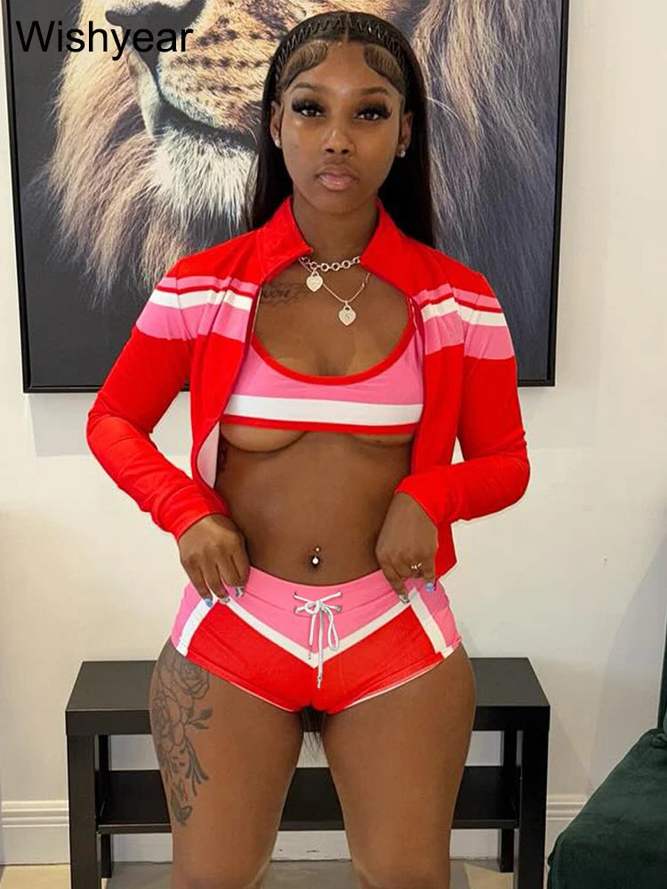 Striped Three Piece Jacket Crop Top And Shorts Set for Women