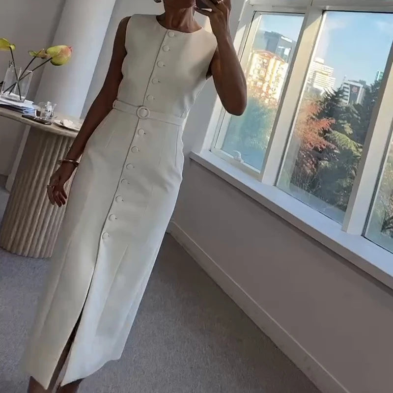 Elegant Temperament Slim Women's A-line Dress Summer Casual O Neck Button Office Dress Simple Solid Color Sleeveless Long Dress