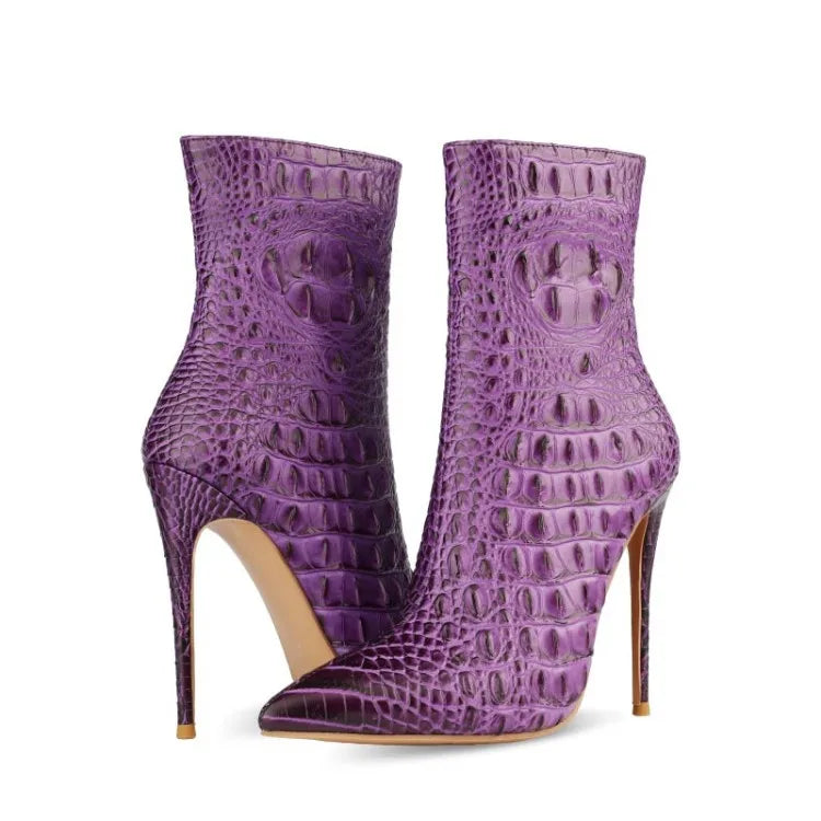 Purple Crocodile Stiletto Ankle Boots