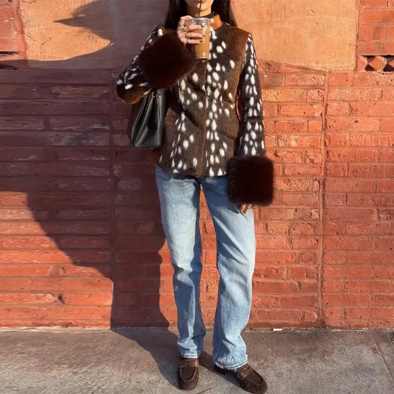 Fitted Vintage Leopard Patchwork Faux Fur Coat for Women