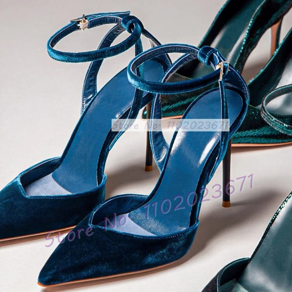 Blue Velvet Pointed Toe Stiletto Sandals with Buckle Ankle Strap for Women