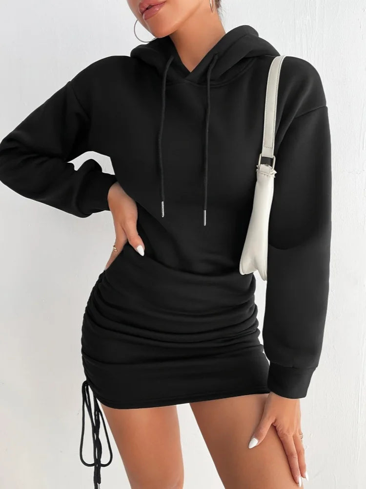 Pleated Hooded Drawstring Sweatshirt Dress for Women