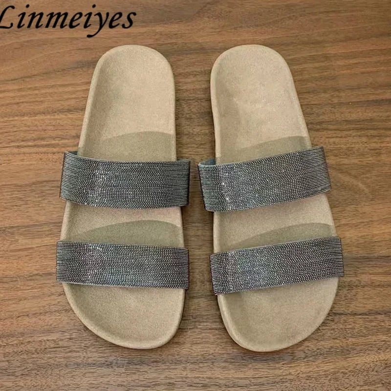 Cow Suede Bead Chain Narrow Strap Slippers for Women