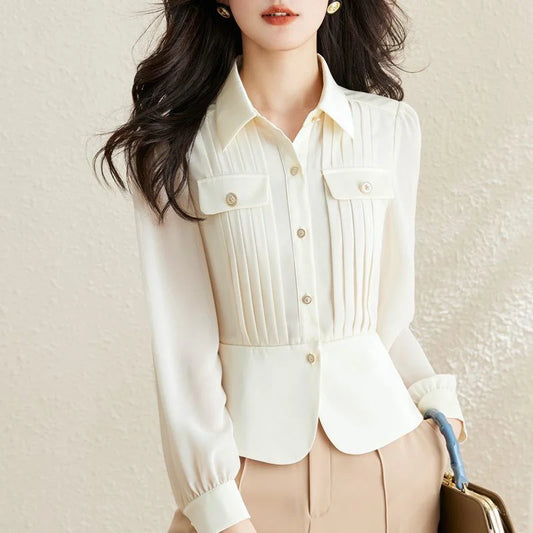 Autumn 2025 New Women Short Long-sleeved Chiffon Blouse Shirt Western-style Blouse Female  Slim Pure Colour Bottoming Shirt
