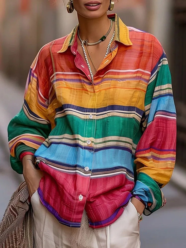 Bonboho Women Colorful Rainbow Stripe Button Down Shirt Lapel Collar Drop Shoulder Loose Long Sleeve Blouse With Chest Pocket