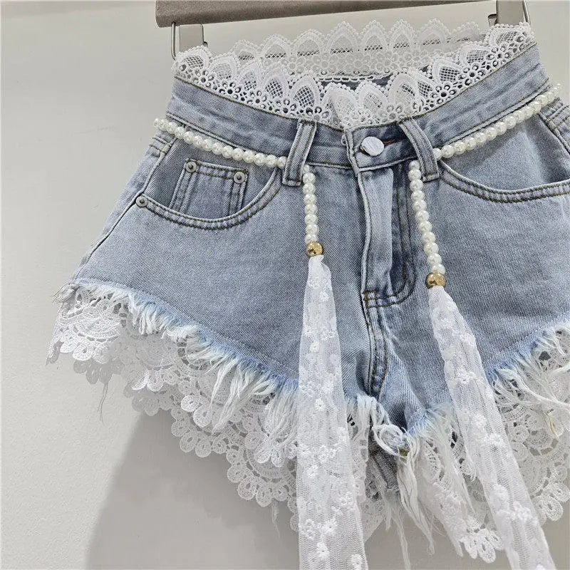 Casual High Waisted Crochet Lace Denim Shorts For Women