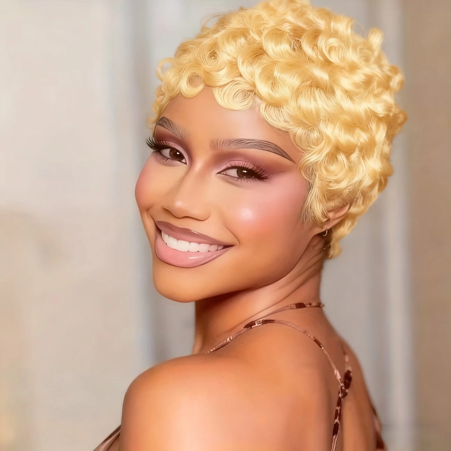 Brazilian Human Hair Wig Short Pixie Cut with Bang Loose curly Hair for Daily Wear Women Full Machine Wig