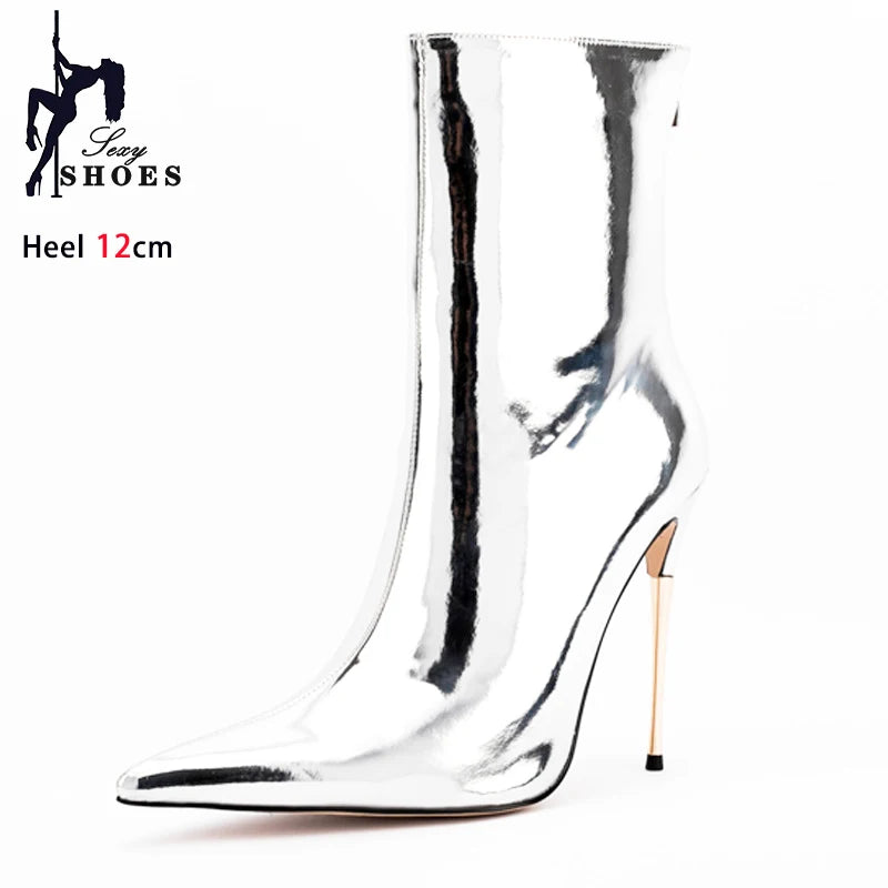 Shiny Blue Mirror Stiletto Boots with Side Zipper for Women