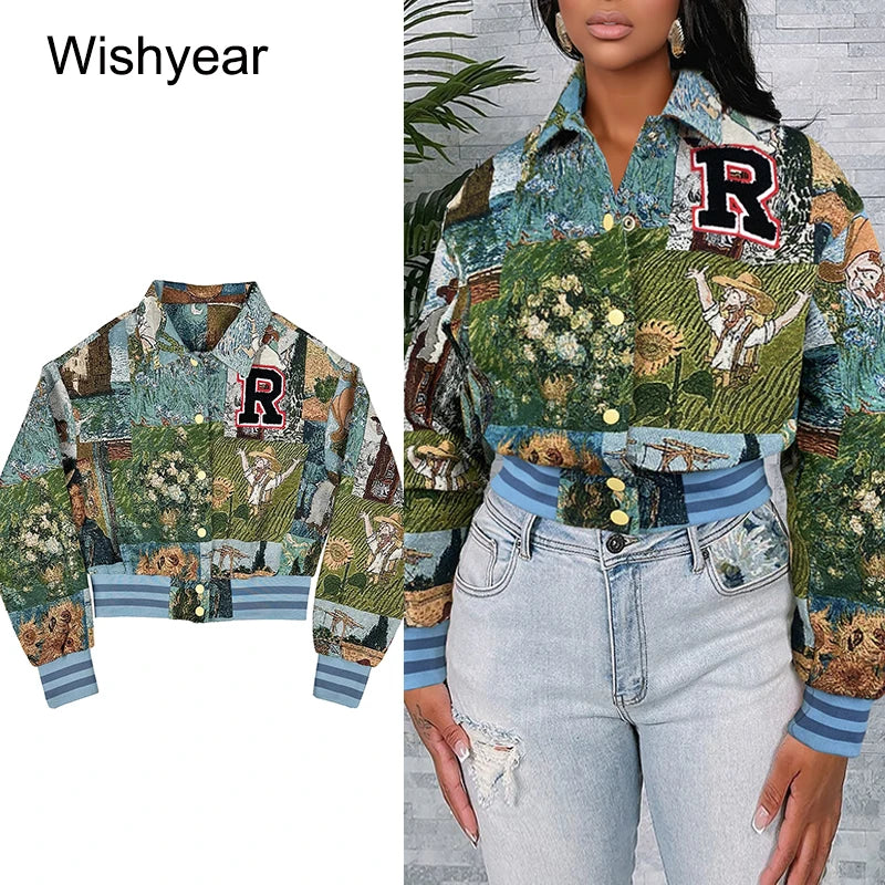 Vintage Print Button Up Baseball Jacket for Women