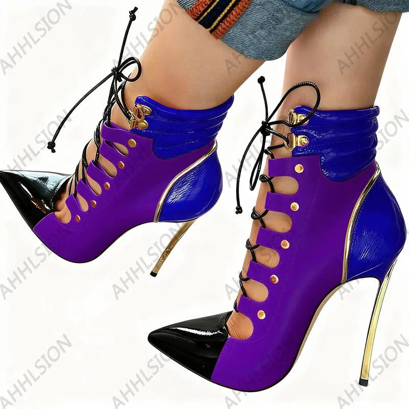 Pointed Toe Purple Leather Ankle Boots With Gold Accents For Women