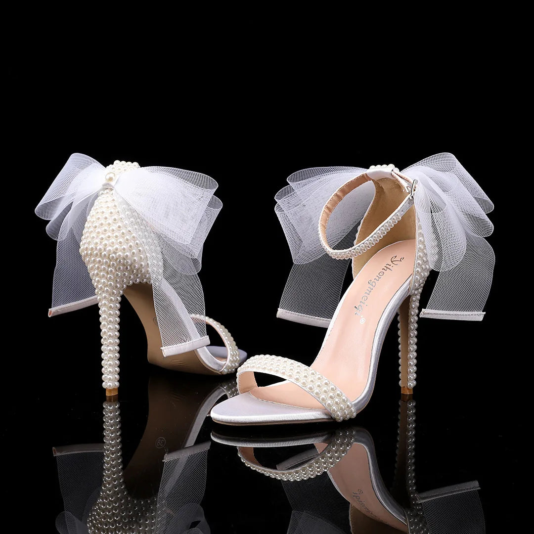 Elegant Pearl Beaded Mesh Bowknot Sandals for Women