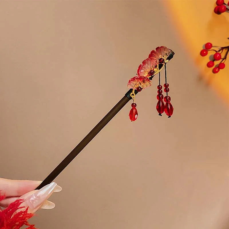 Red Floral Wooden Hanfu Hair Stick