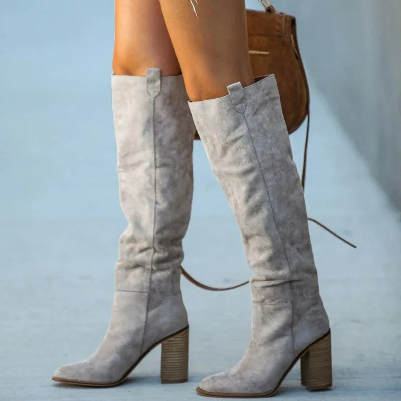 Suede Pointed Toe Knee High Platform Boots for Women