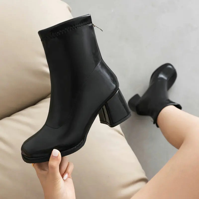 Elegant Warm Block Heel Zip-Up Ankle Boots for Women
