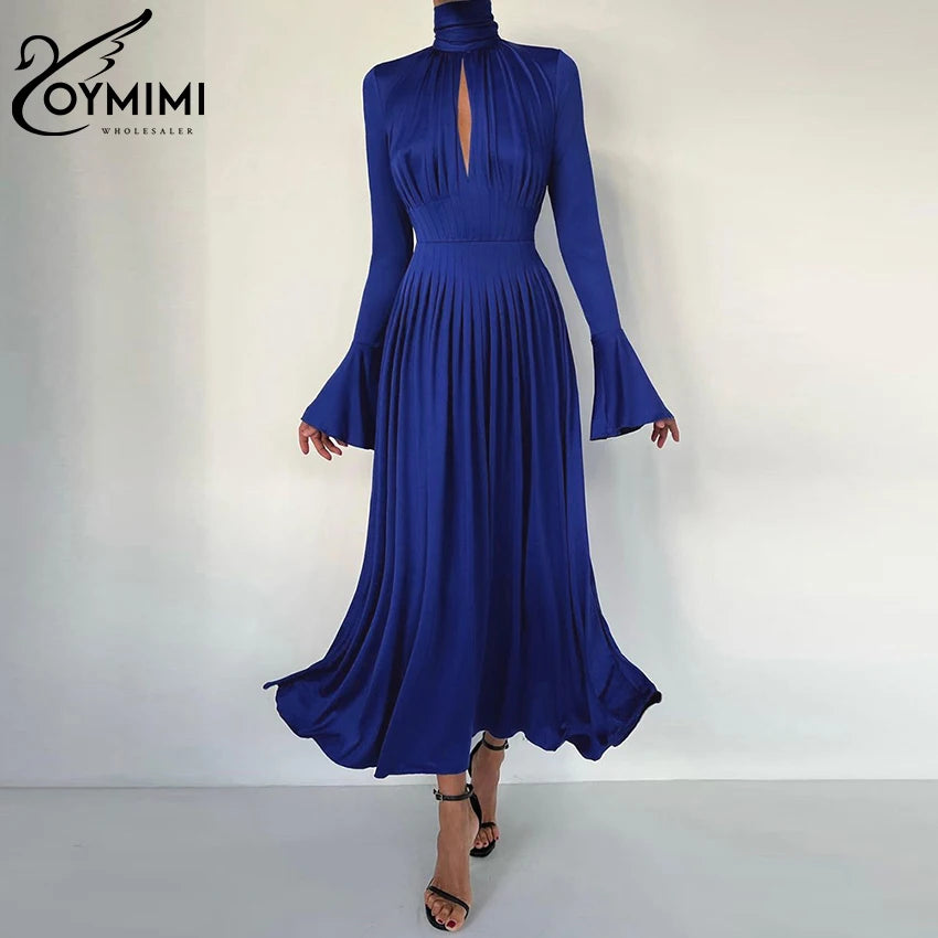 Oymimi Sexy Slim Blue Knitted Women'S Dress Fashion Turtleneck Long Sleeve Ankle Length Dress Elegant Pleated Hollow Out Dress
