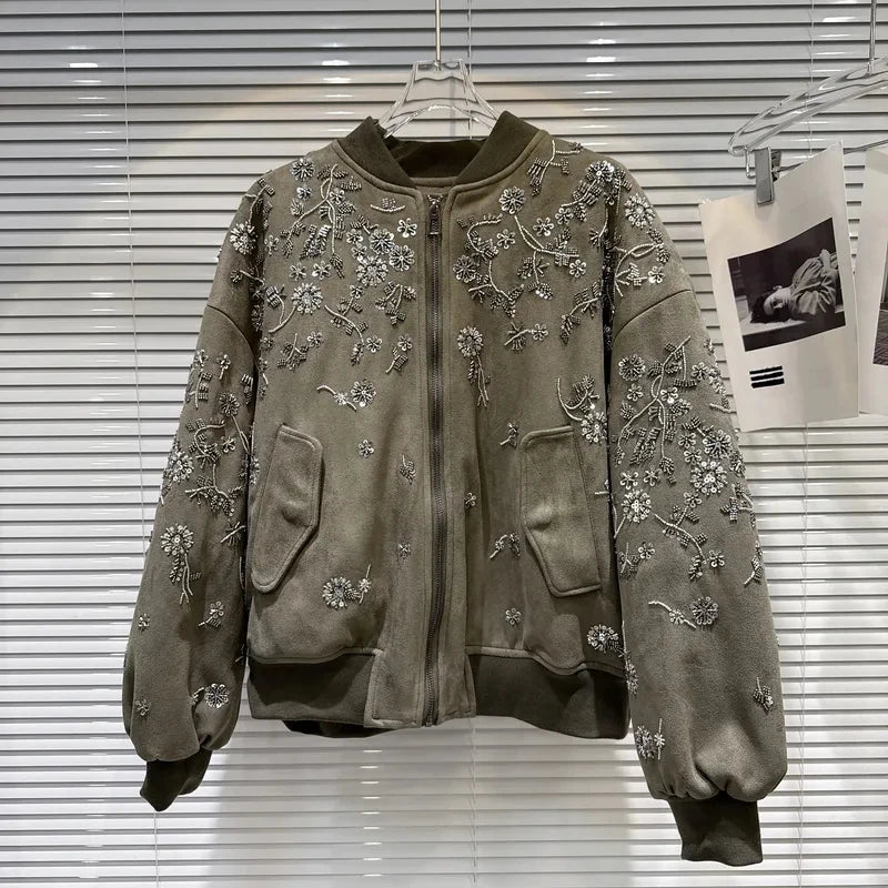 2026 Winter New Coat for Women,Retro Heavy Industry Nail Bead Suede Embroidery Loose Cotton Jacket