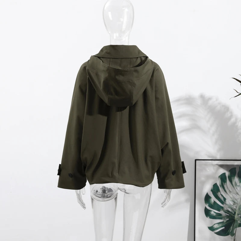 Vintage Single Breasted Women 's Treach Coats Loose Hooded Pockets Full Sleeve Short Jacket Female 2025 Autumn New Lady Outwears
