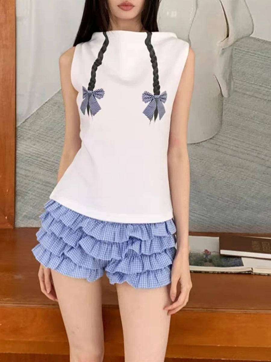 Layered Ruffle Elastic Waist Plaid Shorts for Women