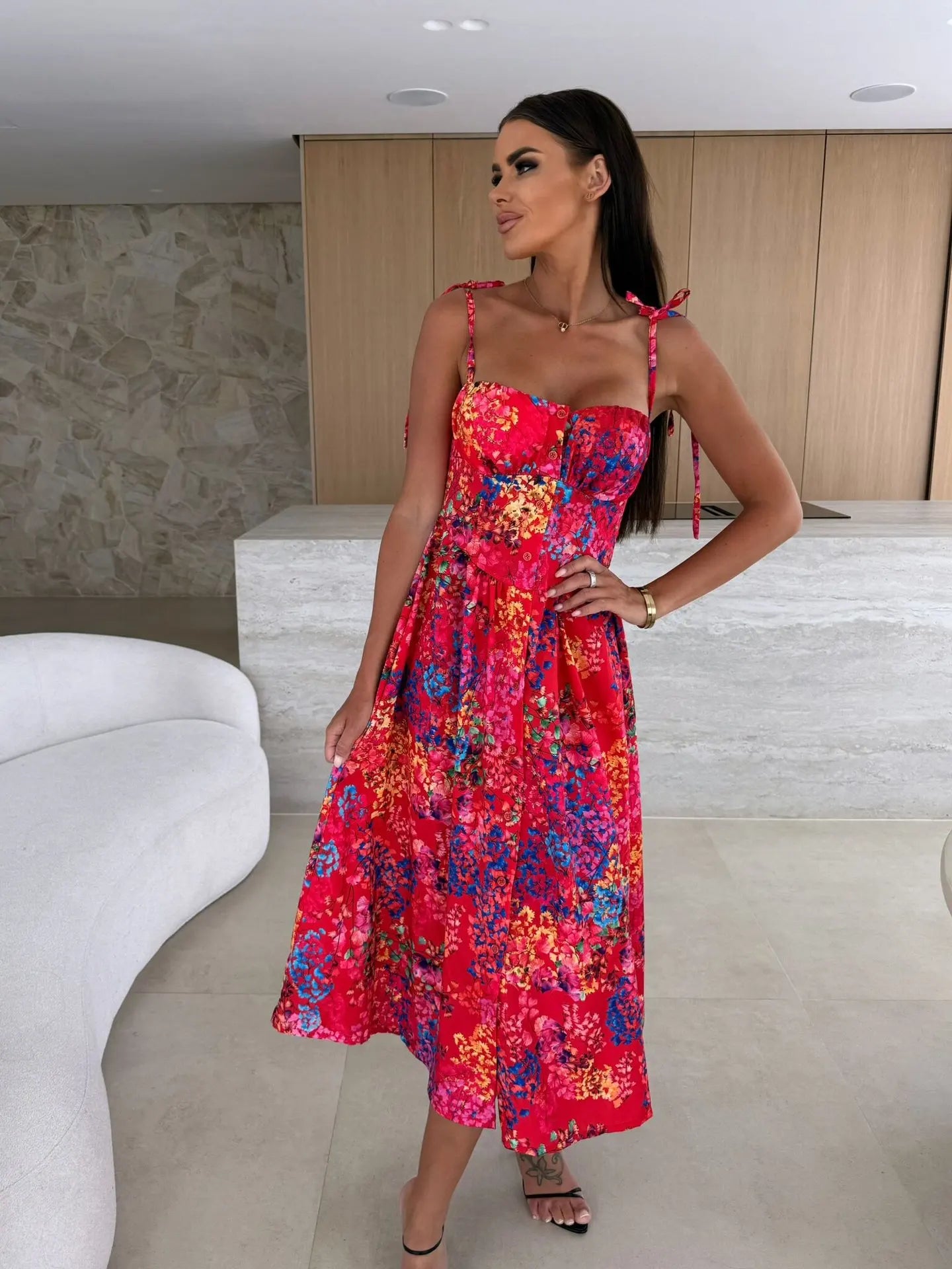 Boho Print Sleeveless A-Line Casual Midi Dress for Women