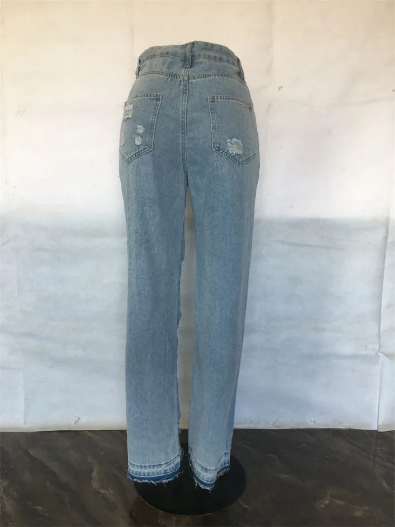 High Waist Ripped Straight Leg Summer Jeans for Women