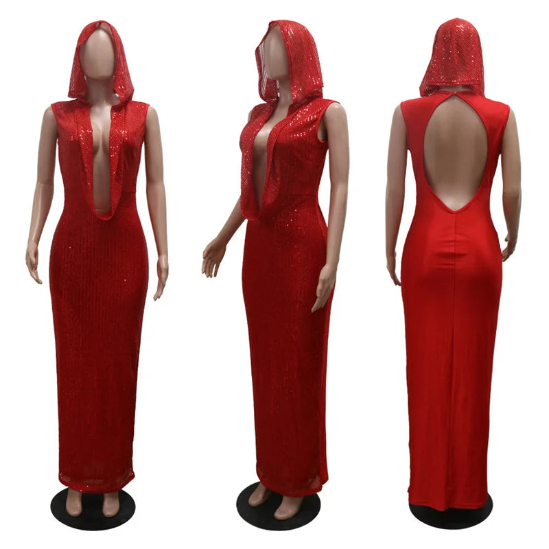 Sequined Mesh Sleeveless Deep V Neck Hooded Maxi Dress for Women