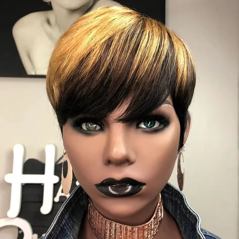 Ombre Honey Blonde Pixie Cut Human Hair Wig for Women