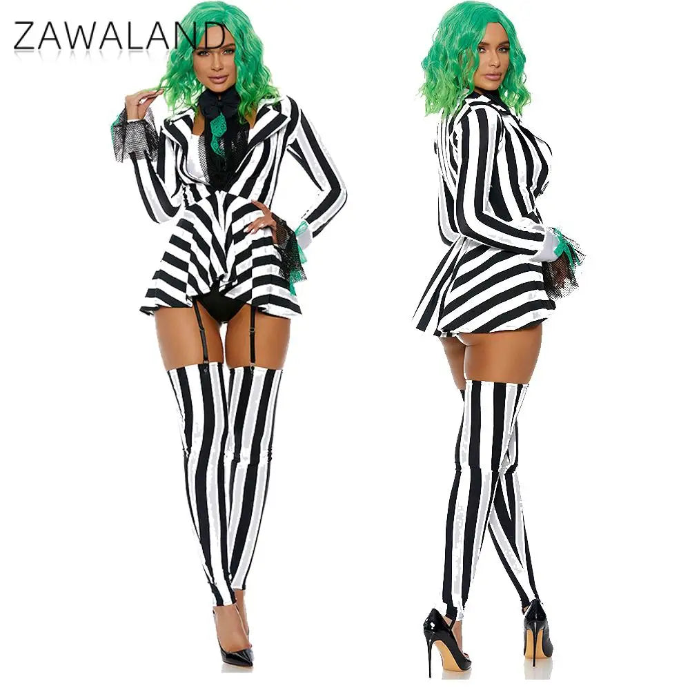 Striped Black And White Clown Costume Set With Jacket And Socks For Women