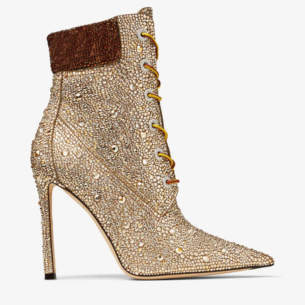 Design Women High Heel Champagne Gold Handmade Rhinestones Lace Up Ankle Boots Sexy Lady High Heel Pointy Crystal Short Boots