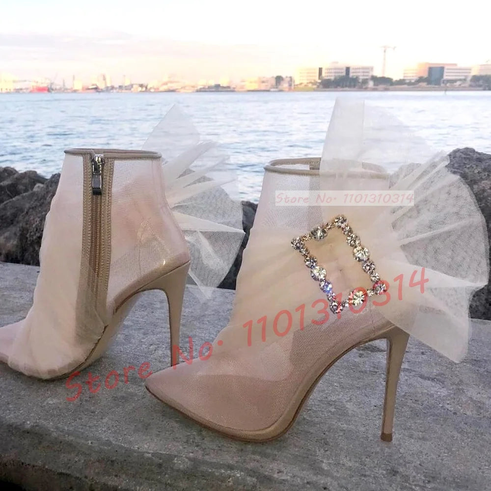 See Through Mesh Crystal Buckle Ankle Booties for Women