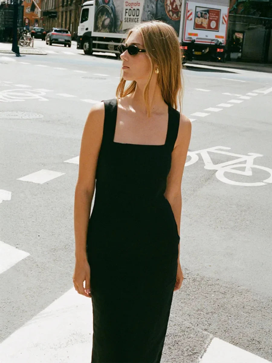 Elegant Square Neck Suspender Cotton Blend Dress For Women