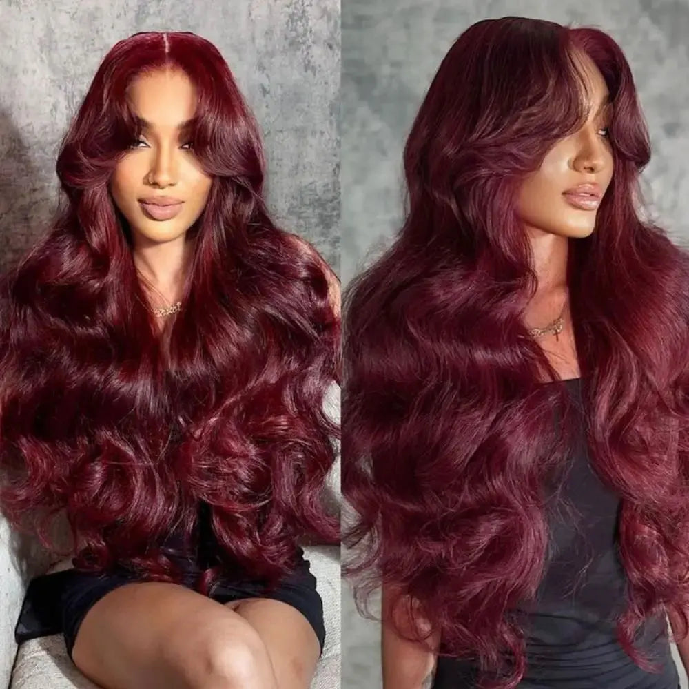 Long Burgundy Body Wave Brazilian Human Hair Wig for Women