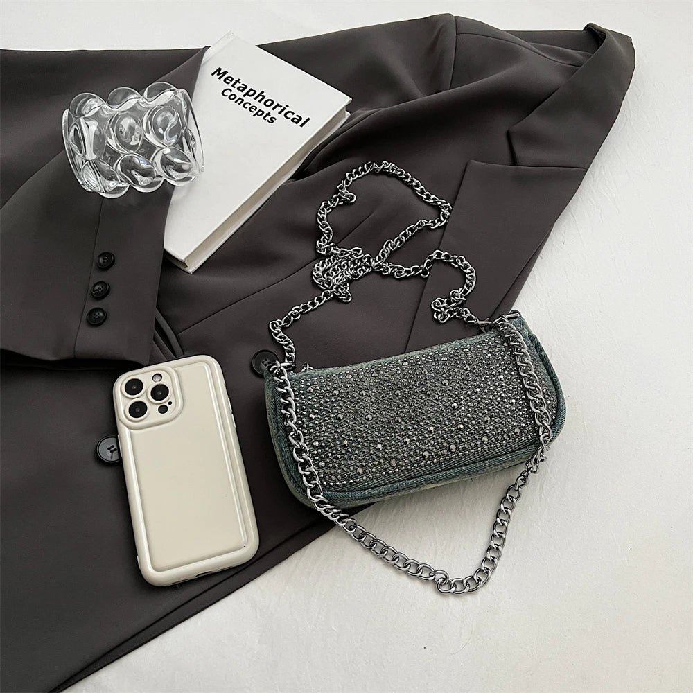 Rhinestone Appliqued Chain Shoulder Crossbody Bags for Women