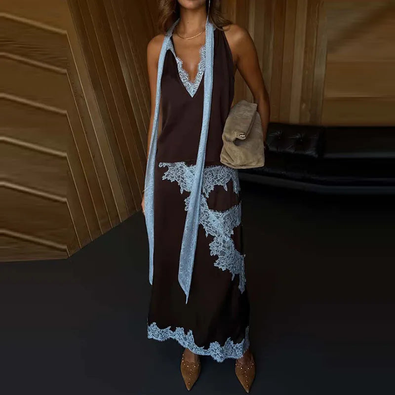 Lace Patch Satin Halter Two Piece Set
