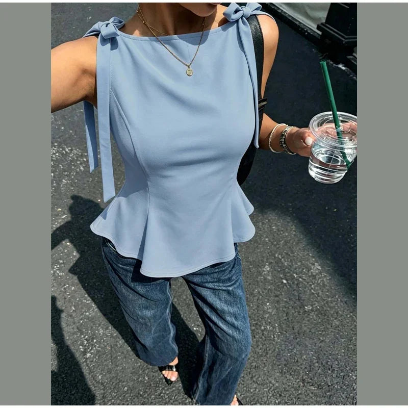 Lace Up Bow Detail Round Neck Sleeveless Top For Women