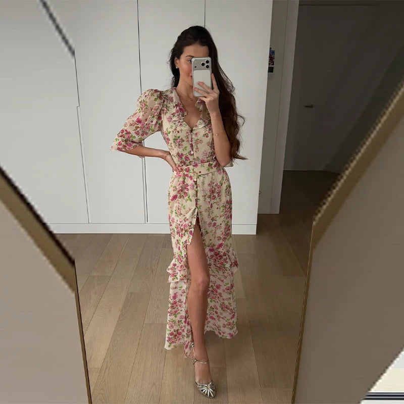 Elegant Print Pleated Puff Sleeve V Neck Long Dress for Women