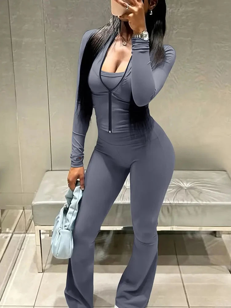 Zip Up Crop Top and High Waist Pants Tracksuit Set for Women