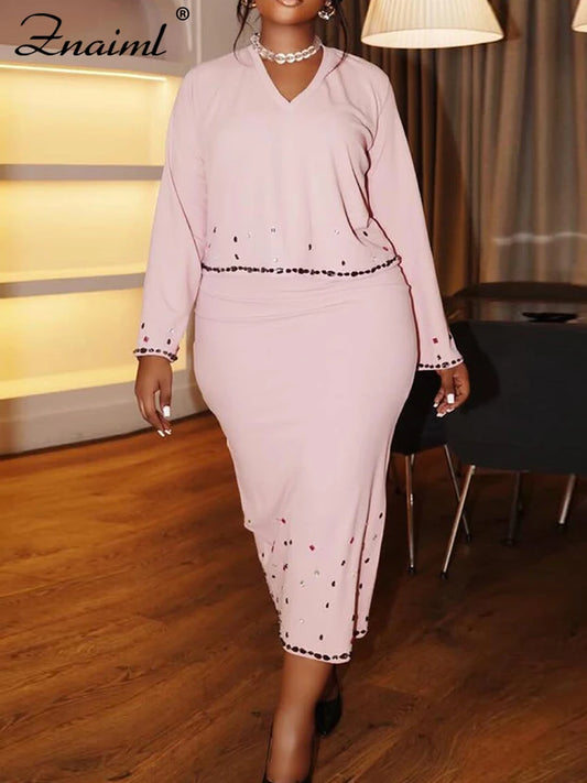 Znaiml Pink Diamonds Patchwork Two Piece Set for Women V-Neck Long Sleeve T-shirt Tops and Pencil Skirt Suit Casual Female New