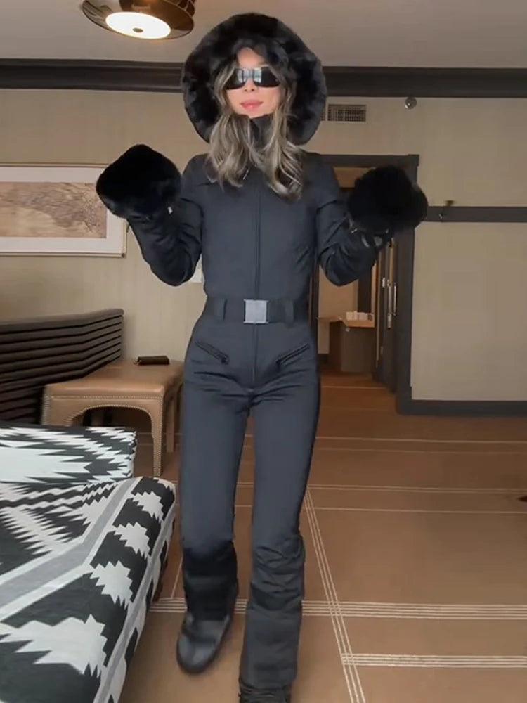 High Waist Full Zip Hooded Windproof Ski Jumpsuit For Women
