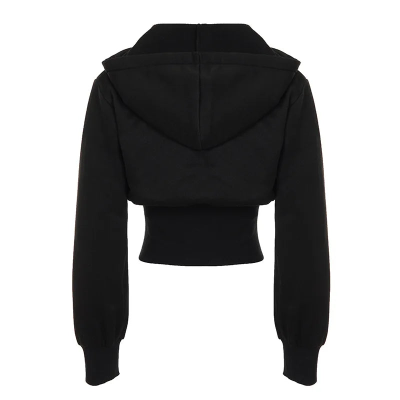 Y2K Winter Fashion Streetwear Women's Black Zip - Up Hoodie With Trendy Casual Long Sleeve Cropped Jacket Style Party