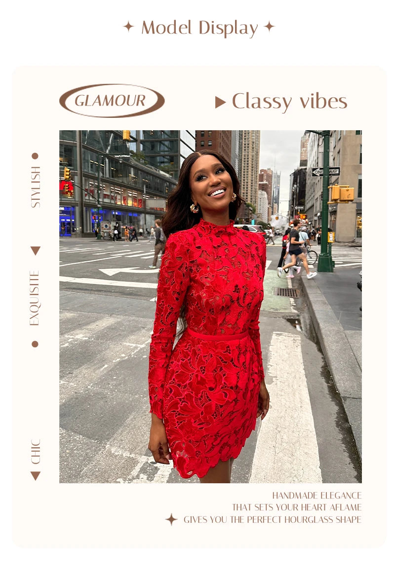 Retro Glamour Red Lace Waist-Cinched Mini Dress for Women