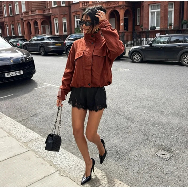 Casual Solid Loose Jacket Stand Collar With Big Pockets for Women