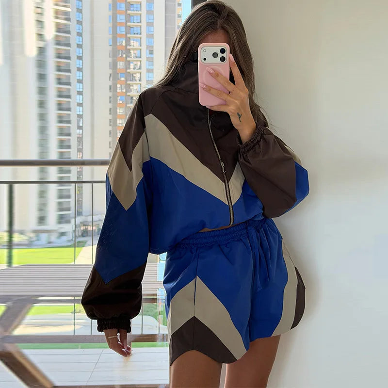 Contrast Color Zip Jacket and Shorts Two Piece Set for Women